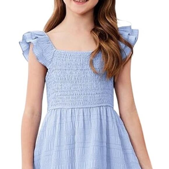 Dokotoo Girls Large Sky Blue Polyester Blend Sleeveless Smocked A Line Dress - Picture 2 of 5